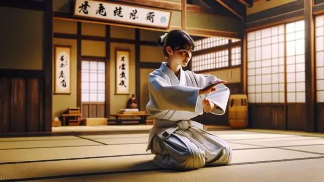 A young girl in a white gi practicing Aikido in a traditional dojo, symbolizing focus, determination, and integration into daily life.