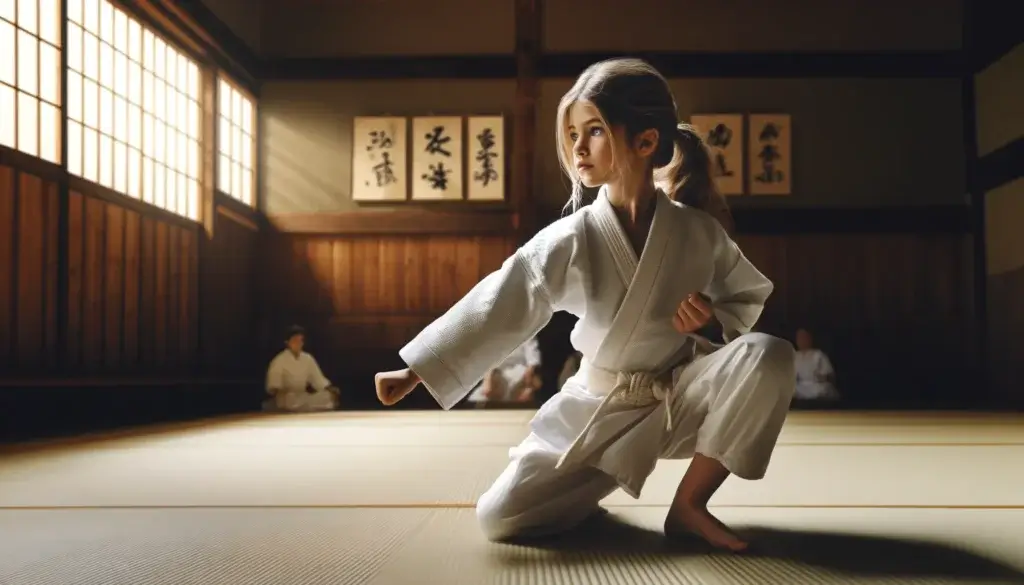 A highly realistic photo of a young girl practicing Aikido in a traditional dojo. She is dressed in a white gi, demonstrating various Aikido techniques with focus and determination. The background includes tatami mats, wooden walls, and traditional Japanese calligraphy. The atmosphere is serene and encouraging, emphasizing the lifelong benefits and continuous learning of Aikido, especially in the context of parenting and relationships.