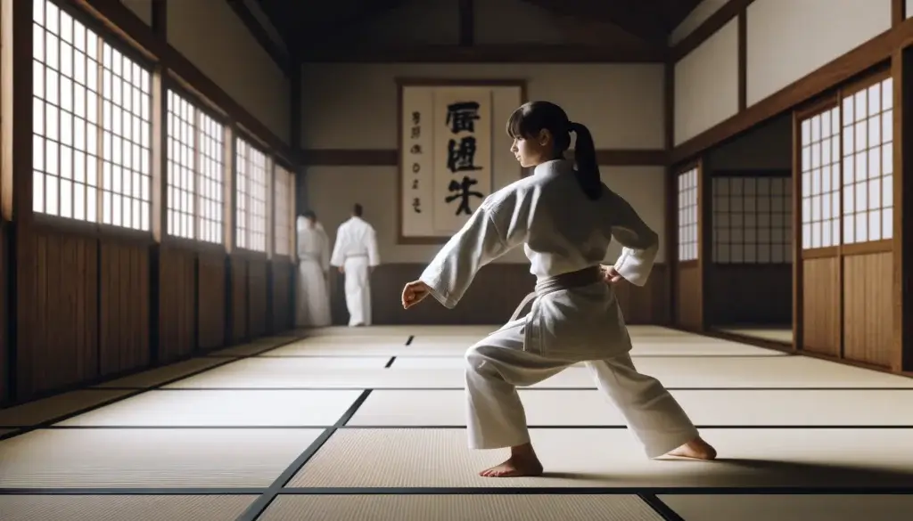 A highly realistic photo of a young girl practicing Aikido in a traditional dojo. She is dressed in a white gi, demonstrating correct posture and stance. The background includes tatami mats, wooden walls, and traditional Japanese calligraphy. The atmosphere is serene and focused, highlighting the importance of maintaining good posture for both physical and mental health.