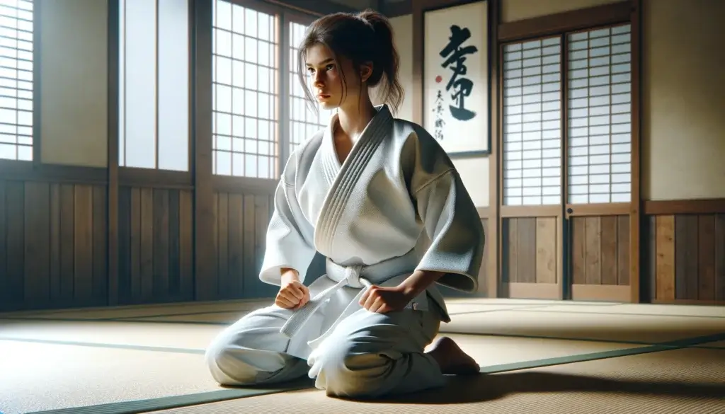 A highly realistic photo of a young girl practicing Aikido in a traditional dojo. She is dressed in a white gi, looking focused and determined as she performs techniques, emphasizing the training of concentration. The background includes tatami mats, wooden walls, and traditional Japanese calligraphy. The atmosphere is serene and intense, highlighting the importance of concentration and focus.